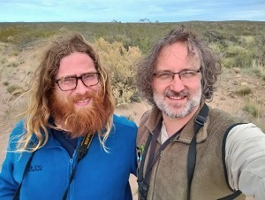 Niels and Agustin celebrating spotting the Sandy Gallito (endemic tapaculo) near Peninsula Valdes, Chubut, Patagonia, Argentina, South America.
